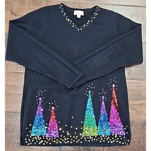 Quacker Factory Black Knit Beaded Holiday Christmas Cardigan Sweater Sz M